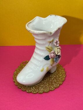Ceramic Porcelain Shoe Boot Applied Flowers White Vintage